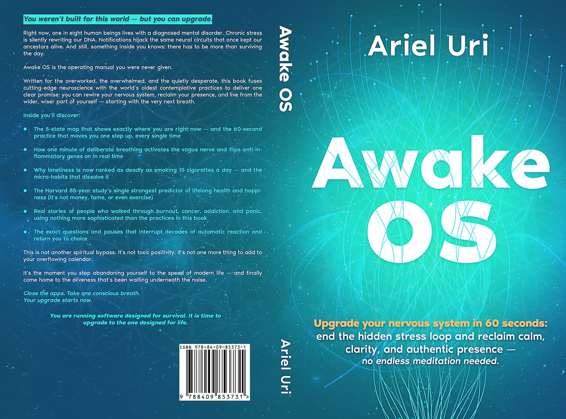 Awake OS — front and back cover spread with full back-cover text